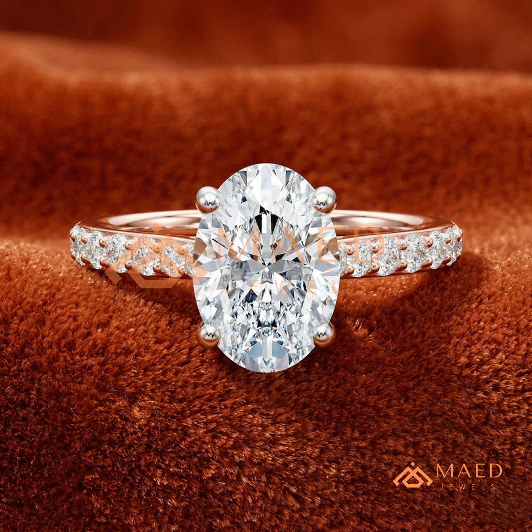 Oval Cut Moissanite Engagement Ring | 14K Gold, Rose Gold & Silver Pave Band