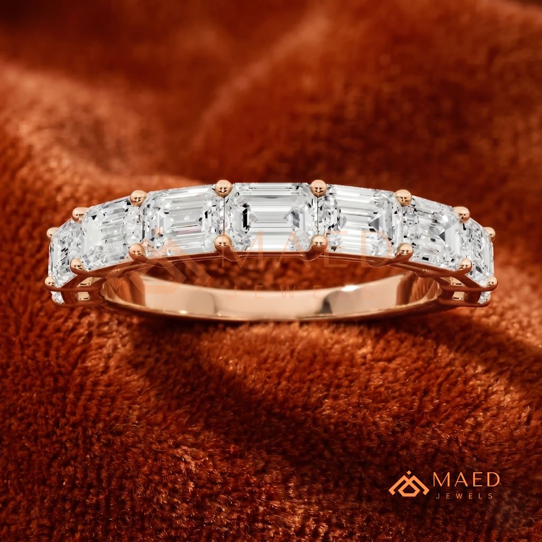 7-Stone Emerald Cut Diamond Wedding Band in Silver, 14K Yellow & Rose Gold