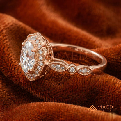 Vintage Oval Cut Art Deco Halo Engagement Ring | Milgrain Band in 14k Gold & Silver