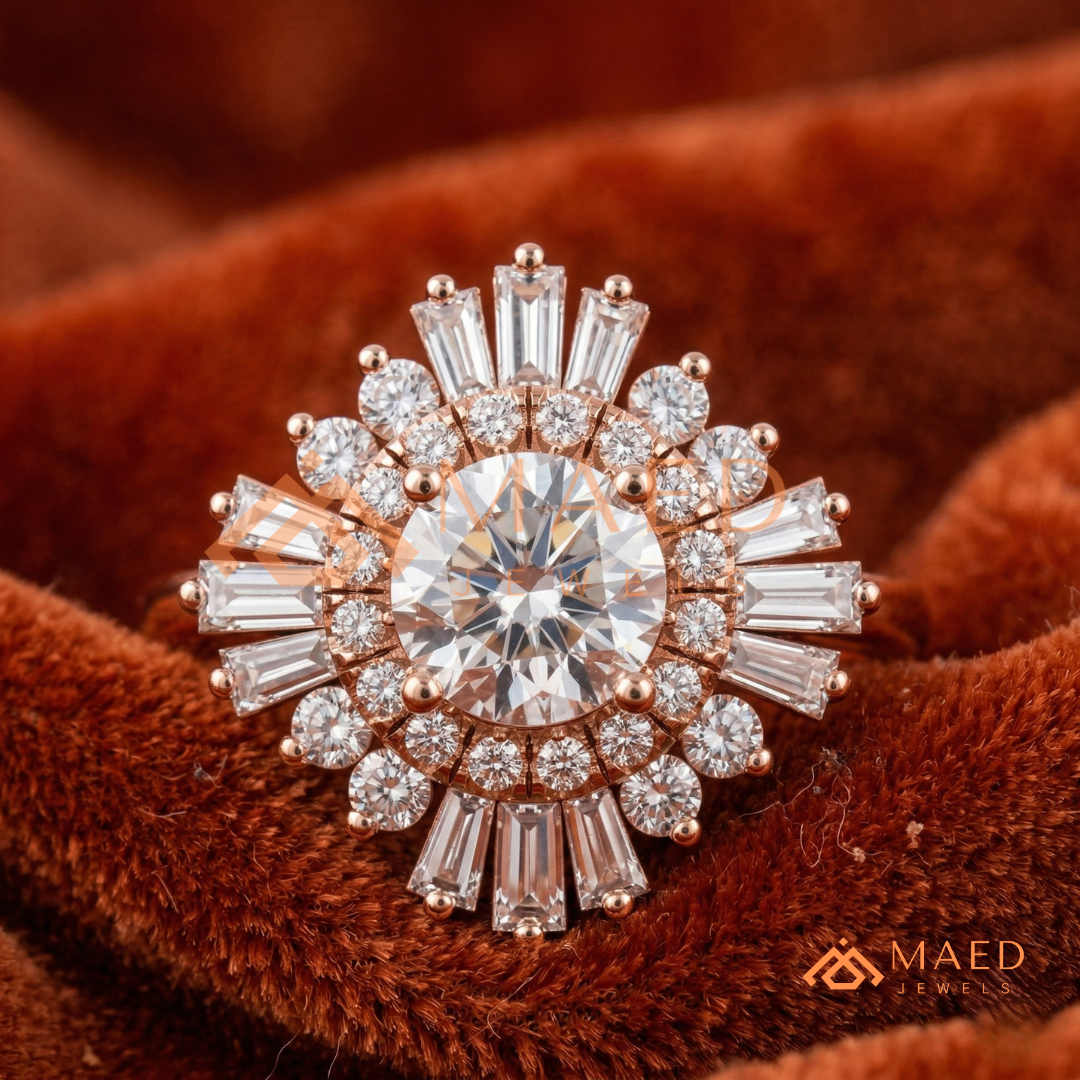 Vintage Art Deco Starburst Halo Ring in Sterling Silver, 14k Gold, or 14k Rose Gold