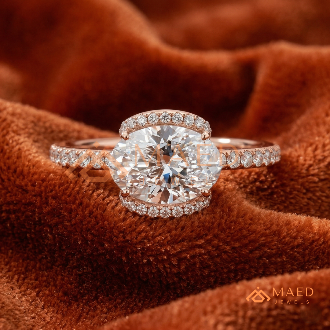 East-West Oval Cut Partial Halo Engagement Ring | 14k Gold, Rose Gold & Sterling Silver Shimmering Accented Band