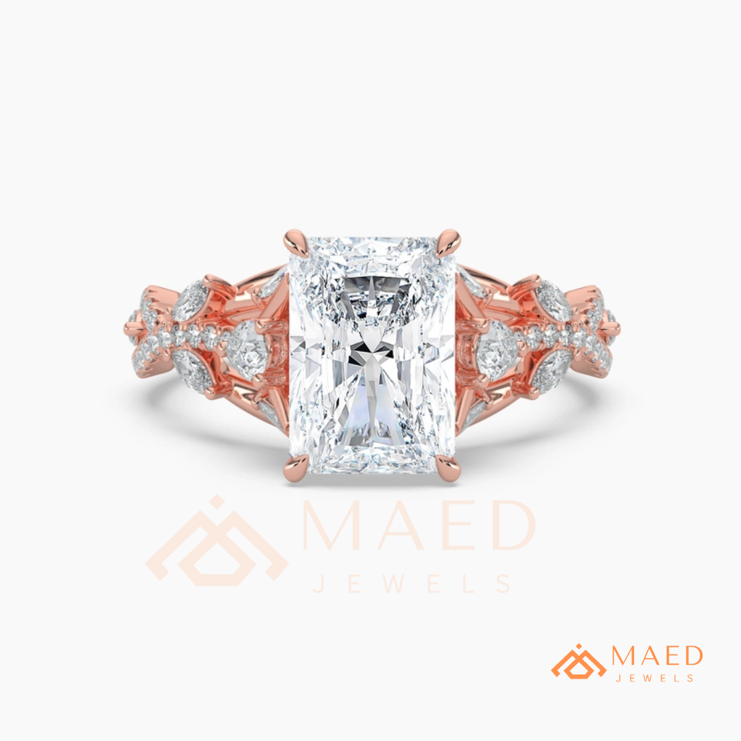 Radiant Cut Engagement Ring with Marquise Cluster Band in Silver, 14K Gold, & 14K Rose Gold