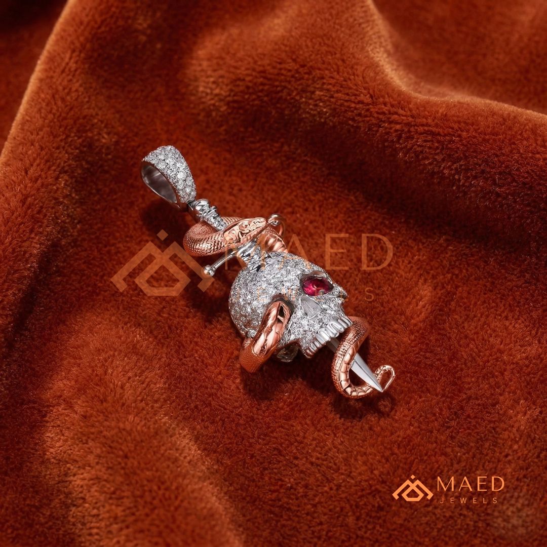 Fully Flooded Skull & Serpent Statement Charm – Ruby Red Eye Hip Hop Pendant
