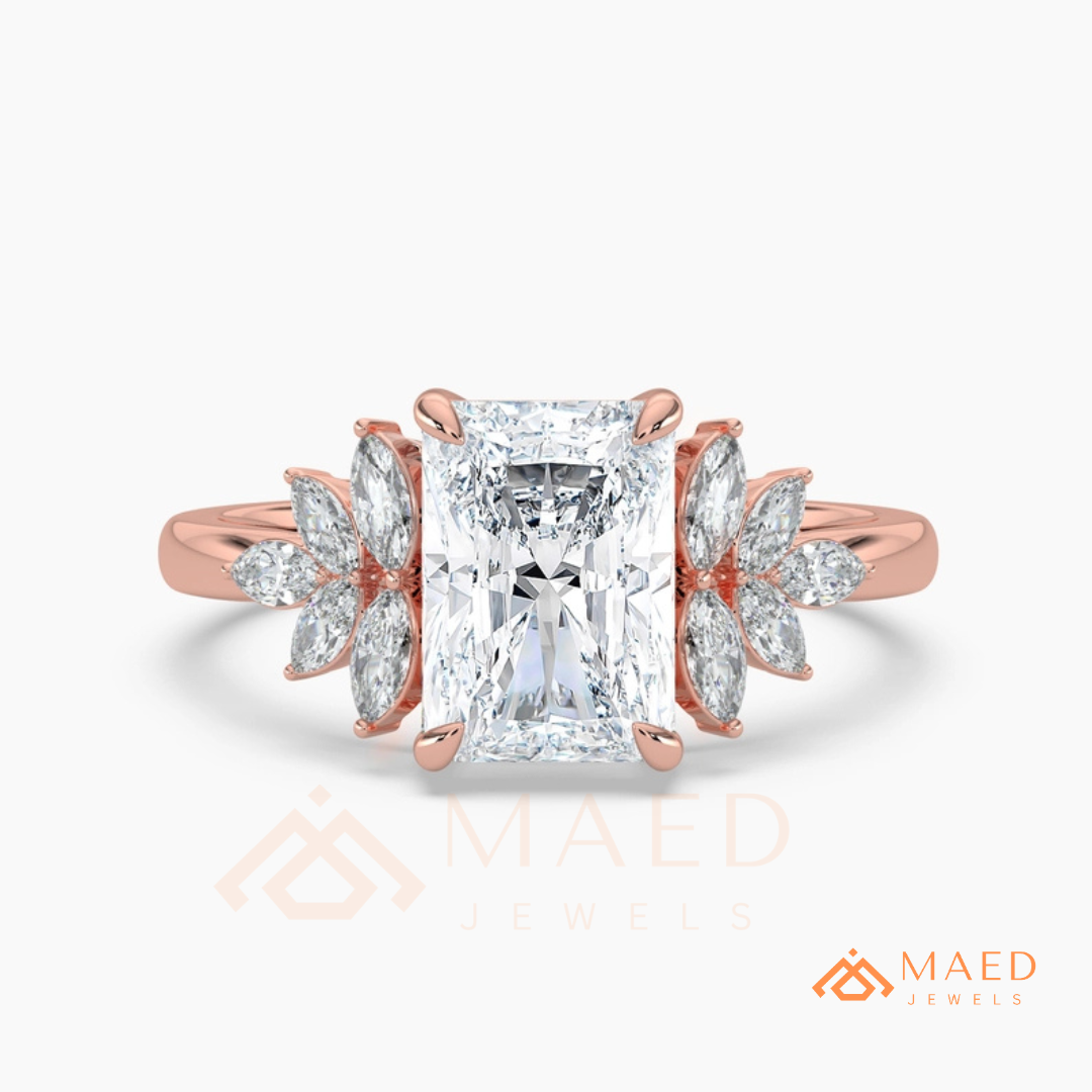 Radiant Cut Engagement Ring with Marquise Diamond Lotus Cluster in 14K Gold, Rose Gold & Silver