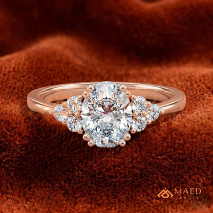 Oval Cut Engagement Ring with Round Cluster Side Stones | 14k Gold, Rose Gold & Silver