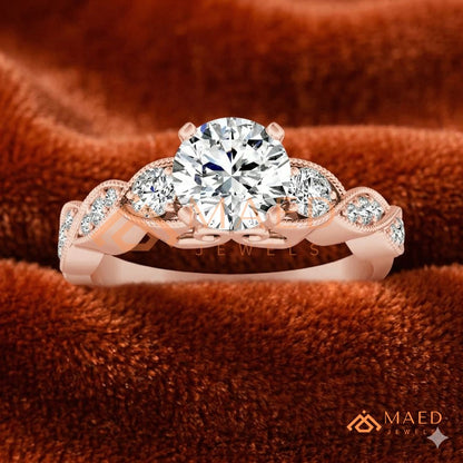 Vintage-Inspired Three-Stone Engagement Ring with Milgrain Twisted Band