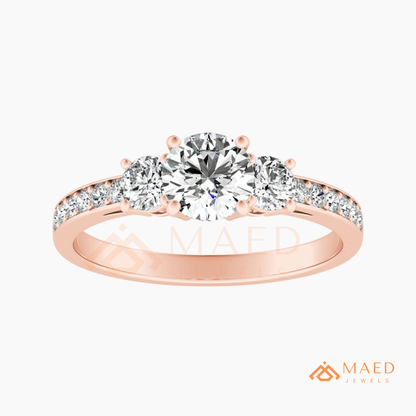 Round Cut 3-Stone Engagement Ring in 14K Gold, Rose Gold & Silver | Classic Three Stone Pave Moissanite Ring for Women