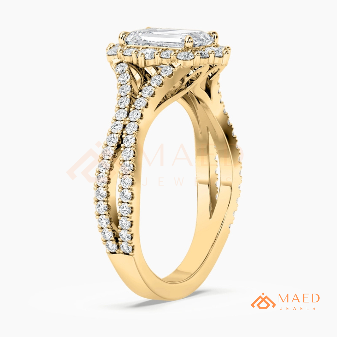 Emerald Cut Starburst Halo Engagement Ring | Split Shank Band in 14k Gold, Rose Gold & Silver