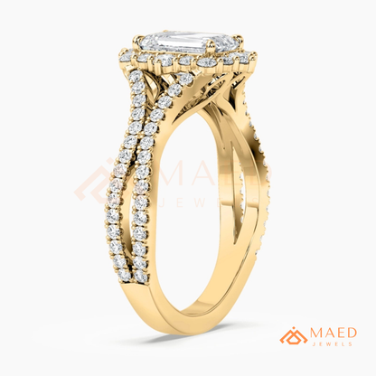 Emerald Cut Starburst Halo Engagement Ring | Split Shank Band in 14k Gold, Rose Gold & Silver