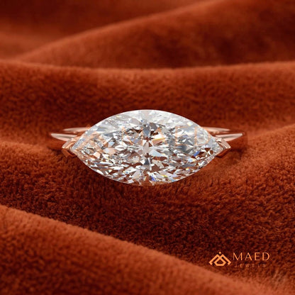 Horizontal Marquise Solitaire Ring with V-Prongs in Silver, 14K Yellow or Rose Gold
