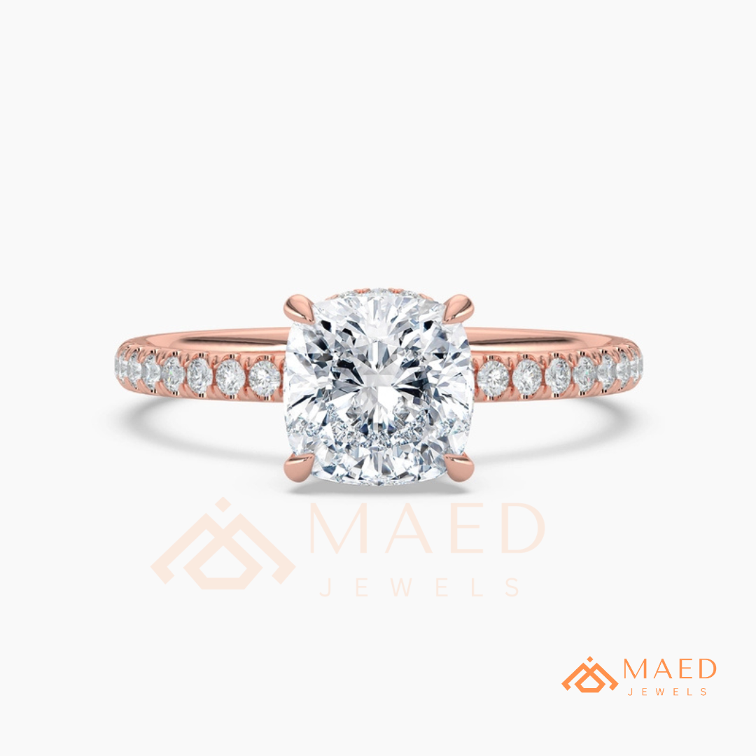 Brilliant Cushion Cut Engagement Ring | Pavé Diamond Band in 14K Gold, Rose Gold & Sterling Silver