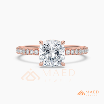 Brilliant Cushion Cut Engagement Ring | Pavé Diamond Band in 14K Gold, Rose Gold & Sterling Silver
