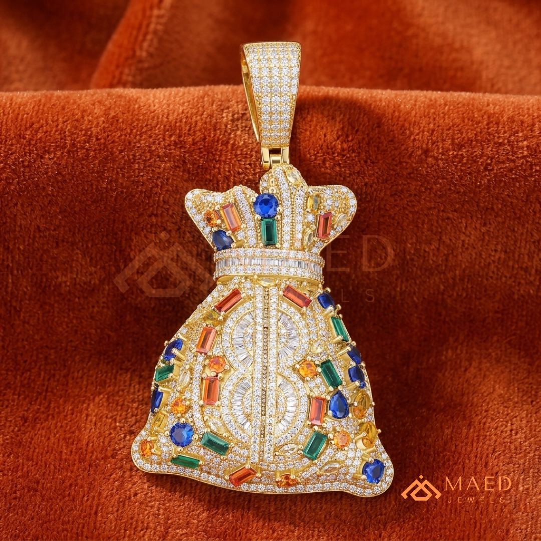 The Billionaire Sack Pendant | Multi-Color Gemstone Iced Dollar Sign Necklace