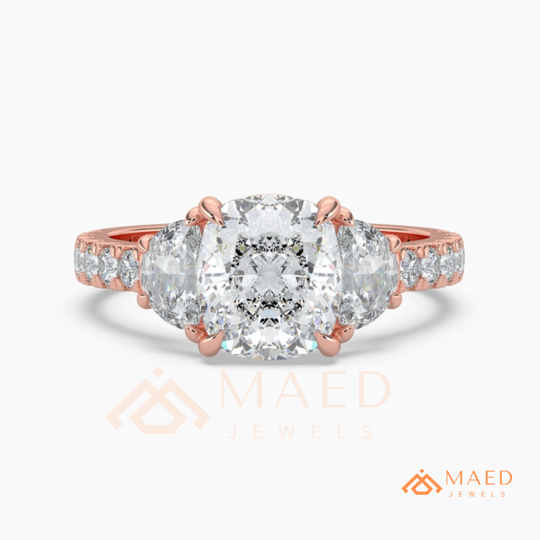 Classic Cushion Cut Three-Stone Engagement Ring with Half-Moon Side Stones in Silver, 14K Gold & Rose Gold