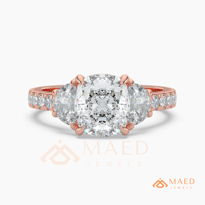 Classic Cushion Cut Three-Stone Engagement Ring with Half-Moon Side Stones in Silver, 14K Gold & Rose Gold