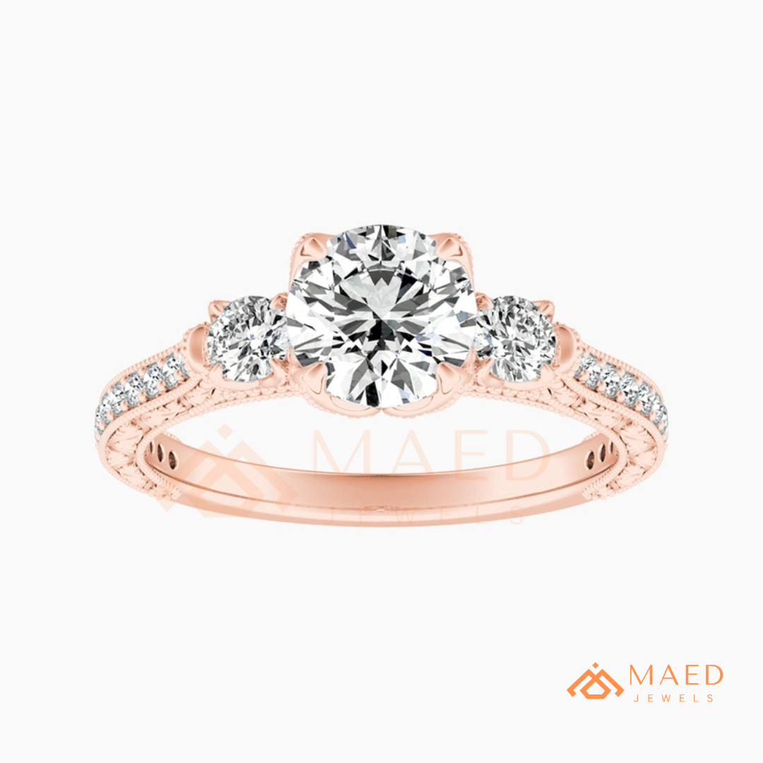 Vintage 3-Stone Round Engagement Ring in 14K Gold, Rose Gold & Silver | Antique Milgrain Pave Moissanite Ring for Women