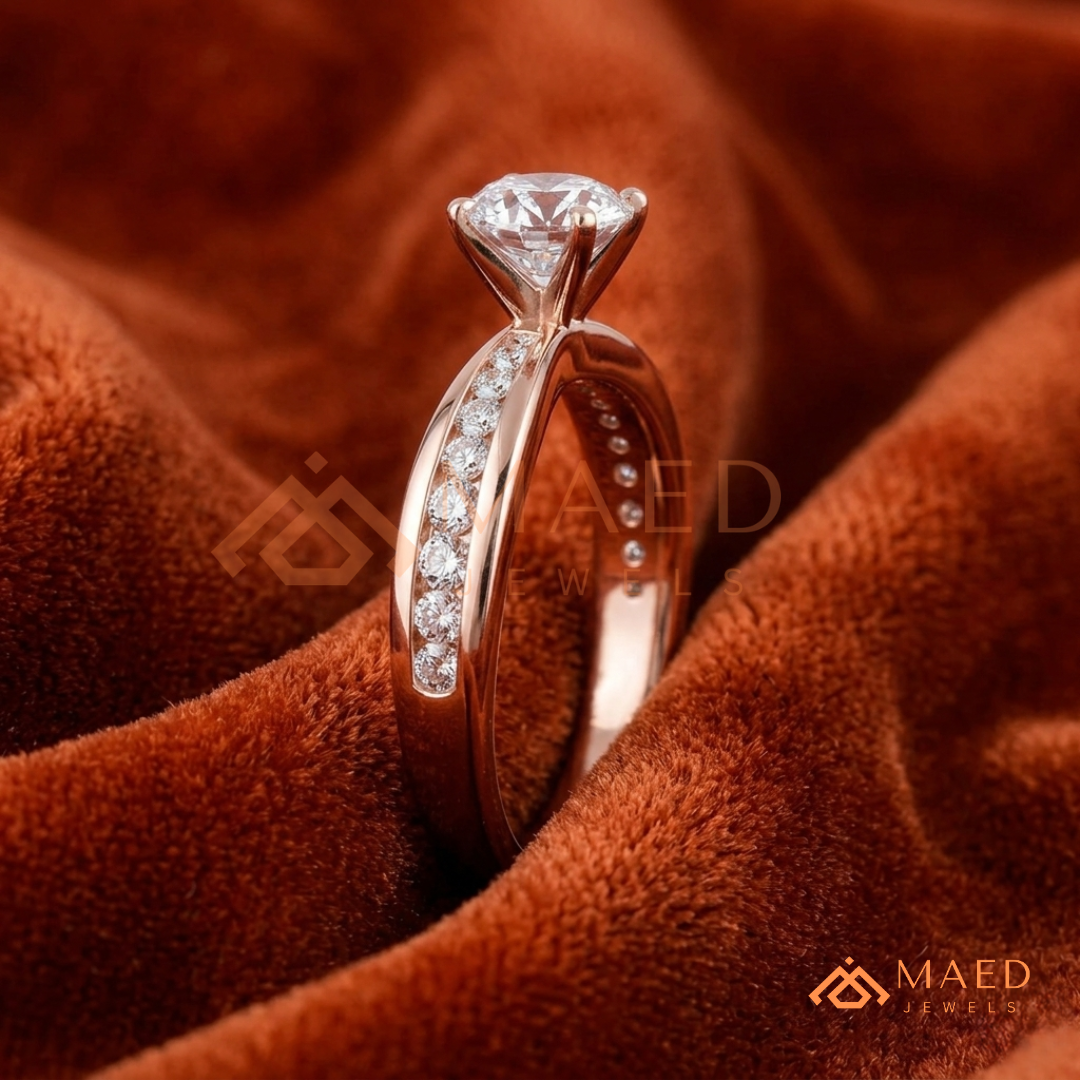 Round Brilliant Solitaire Engagement Ring with Channel Set Band – Sterling Silver, 14K Gold, or 14K Rose Gold