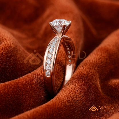Round Brilliant Solitaire Engagement Ring with Channel Set Band – Sterling Silver, 14K Gold, or 14K Rose Gold