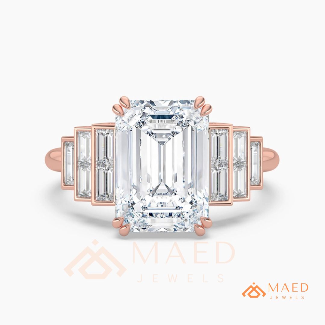 Radiant Cut Rectangular Halo Ring with Dome Triple-Row Pavé Band