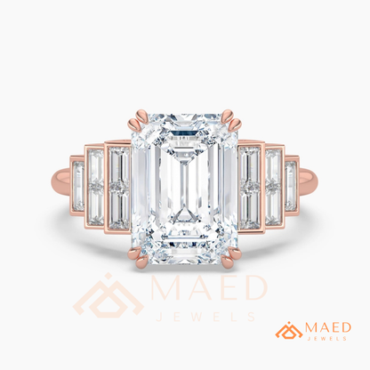 Radiant Cut Rectangular Halo Ring with Dome Triple-Row Pavé Band
