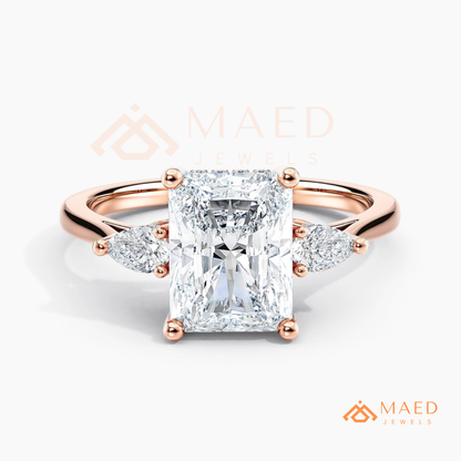 Radiant Cut Engagement Ring with Pear Side Stones | 14k Gold, Rose Gold & Silver