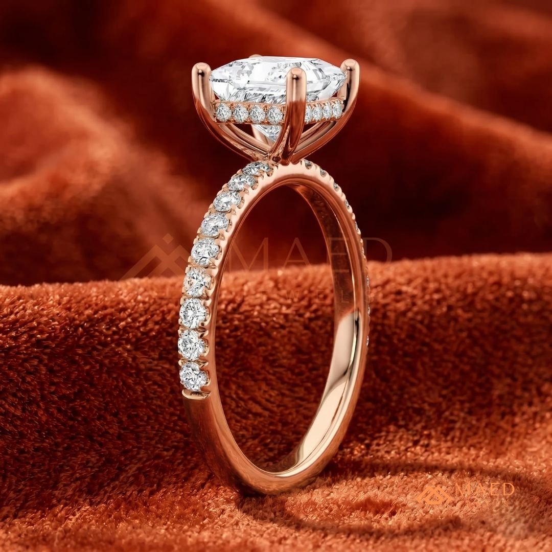 Classic Princess Cut Solitaire Engagement Ring with Hidden Halo and Pave Band in Silver, 14K Gold & Rose Gold