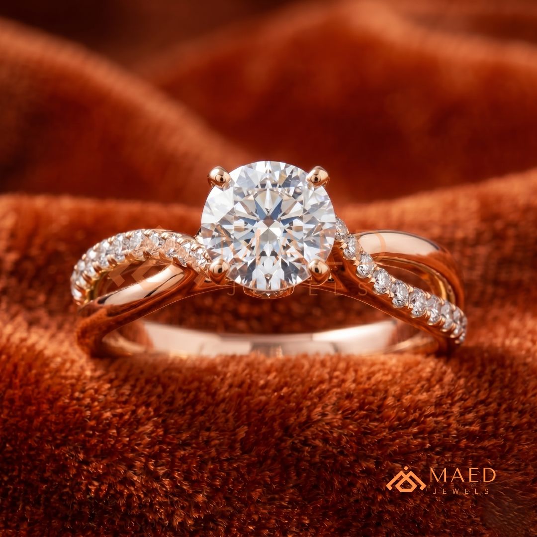Round Cut Twisted Vine Engagement Ring in 14K Gold, Rose Gold & Sterling Silver | Infinity Pave Wedding Band