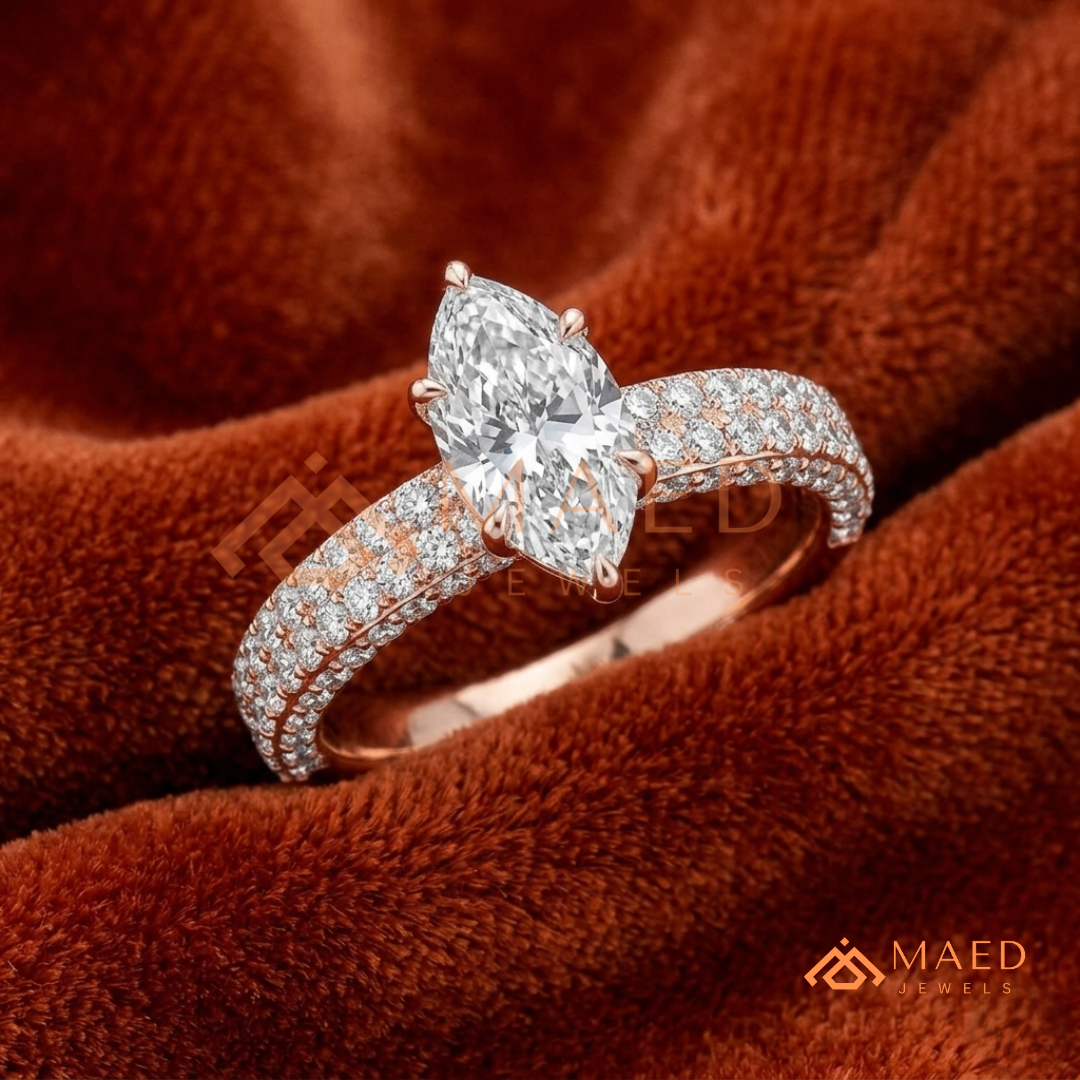 Marquise Cut Solitaire Pave Engagement Ring - Sterling Silver, 14K Gold, or 14K Rose Gold
