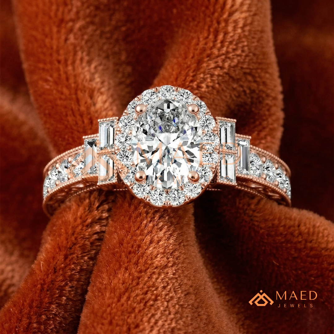 Heirloom Oval Halo [Gemstone Type] Ring with Filigree Band in 14K Gold, Rose Gold & Silver