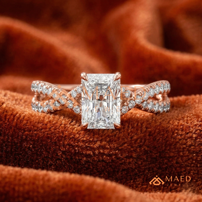 Nature-Inspired Radiant Cut Three-Stone Engagement Ring with Thorn Band in Silver, 14K Gold & Rose Gold