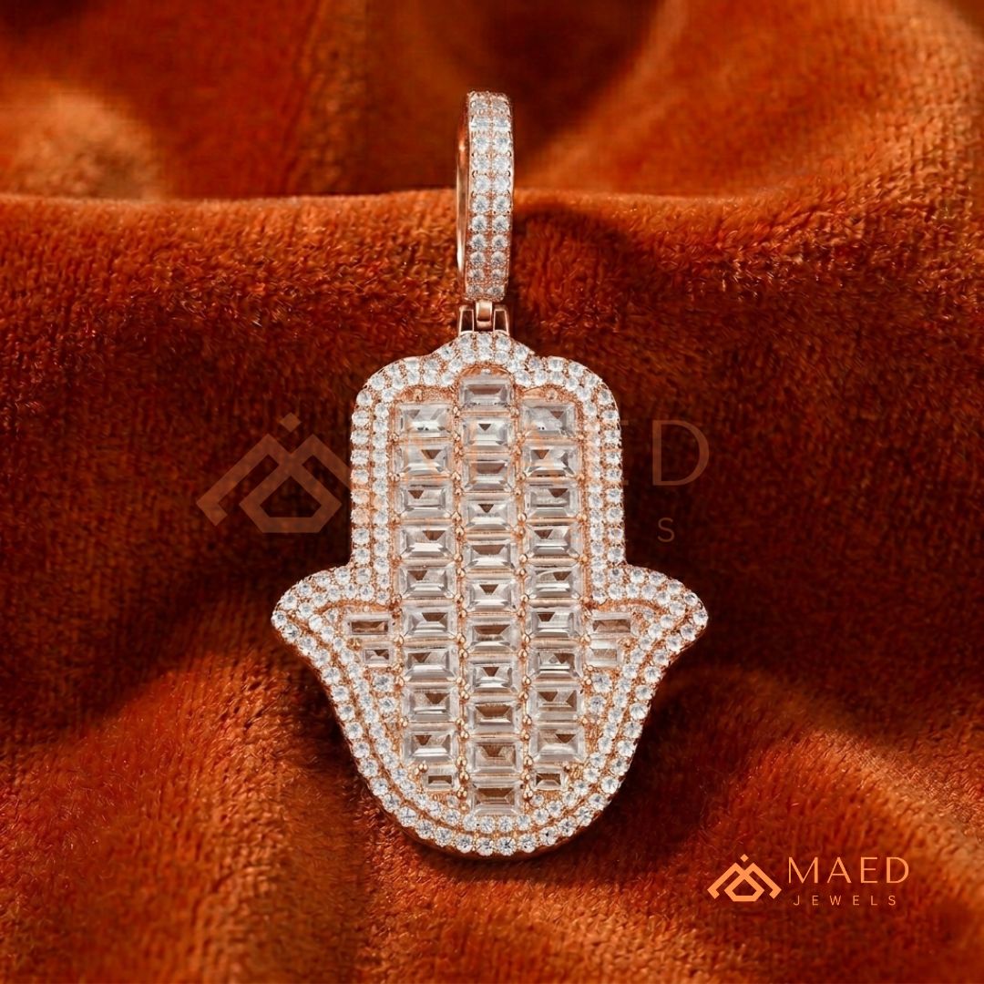 Iced Out Emerald Cut Hamsa Pendant | Sterling Silver, 14K Gold & Rose Gold