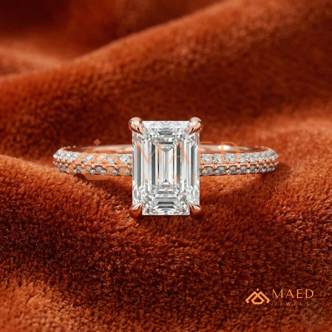 Emerald Cut Engagement Ring with Multi-Row Pavé Band in Silver, 14K Gold, & 14K Rose Gold