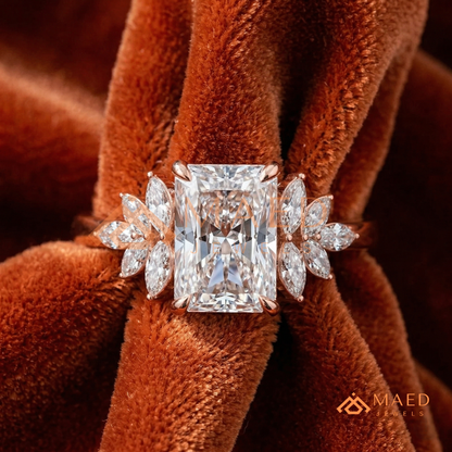 Radiant Cut Engagement Ring with Marquise Diamond Lotus Cluster in 14K Gold, Rose Gold & Silver