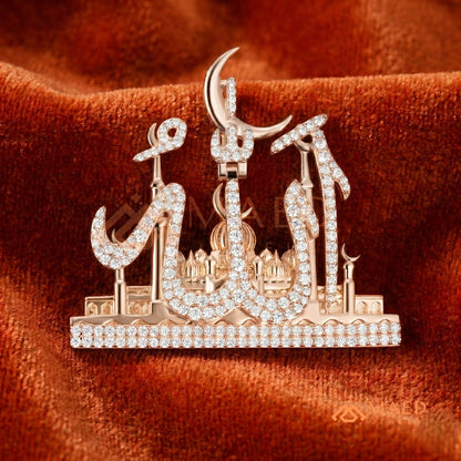 Islamic Allah Calligraphy Mosque Pendant Necklace in Sterling Silver & 14K Gold