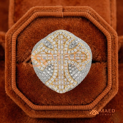 Heavy Iced-Out Baguette Cross Statement Ring – 925 Silver, 14K Gold & Rose Gold