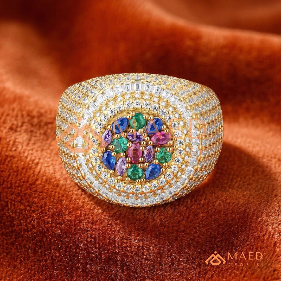 Heavy Multi-Color Iced Medallion Ring – 925 Silver, 14K Gold & Rose Gold