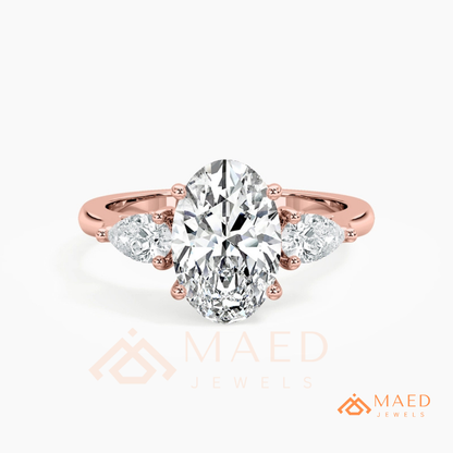 Oval Cut Engagement Ring with Pear Side Stones in Silver, 14K Gold, & 14K Rose Gold
