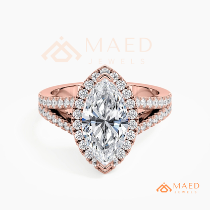 Marquise Cut Halo Engagement Ring | Split Shank Pave Band in 14K Gold & Silver