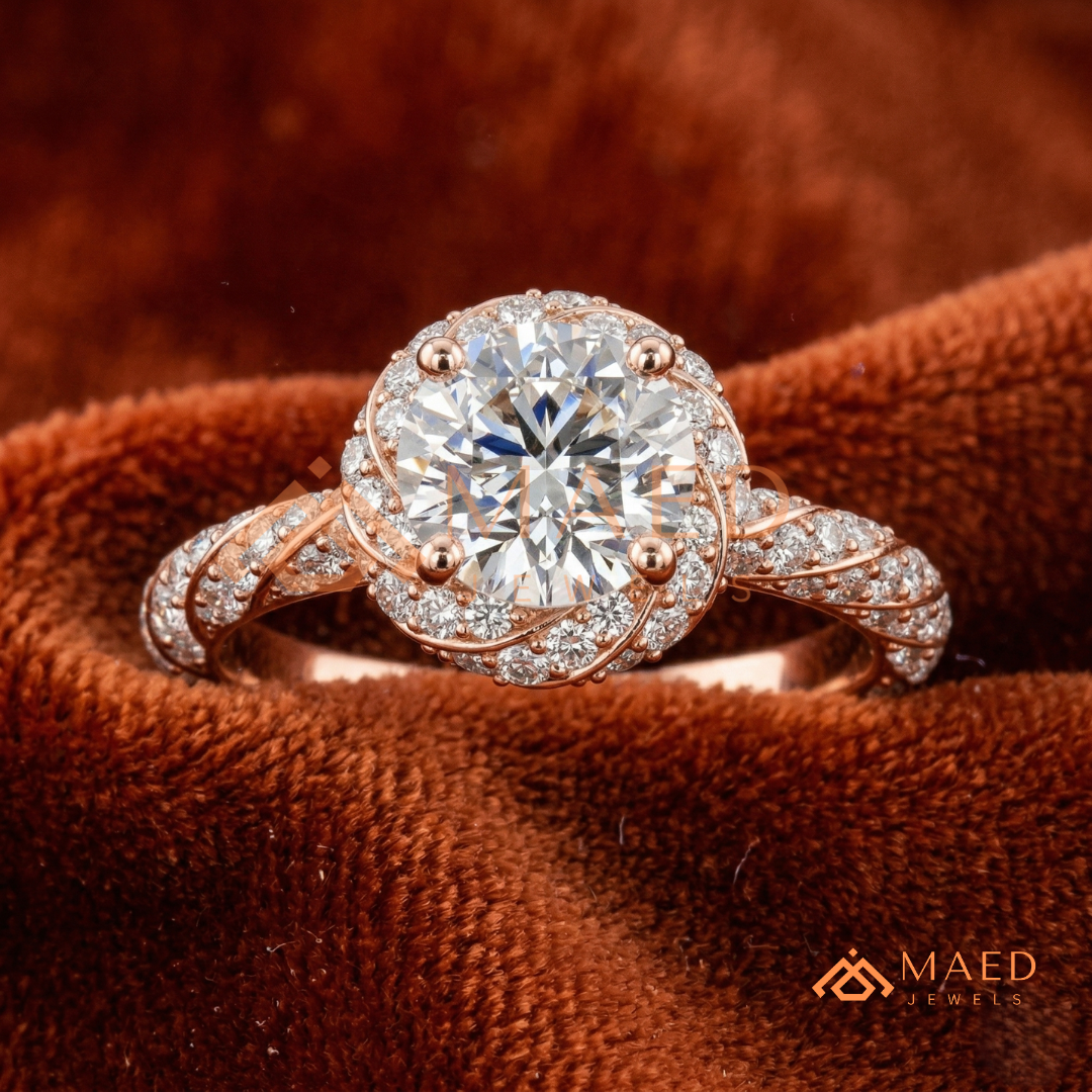 ound Cut Halo Twisted Band Promise Ring (Silver, 14K Yellow/Rose Gold)