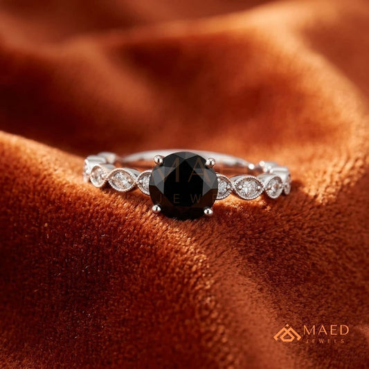 Art Deco Black Stone Ring with Milgrain Marquise Band – Silver, 14K Yellow & Rose Gold