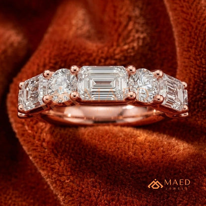 5-Stone Mixed Cut Diamond Wedding Band | Emerald & Round Moissanite Anniversary Ring in Silver, 14K Gold, & Rose Gold