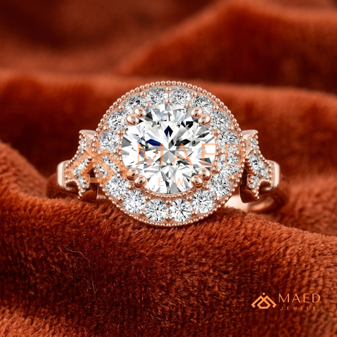 Vintage-Inspired Round Halo Engagement Ring with Milgrain Detail in 14K Gold, Rose Gold or Silver