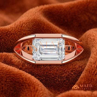 East West Emerald Cut Engagement Ring | Modern Architectural Bezel Ring | 14K Gold, Rose Gold & Sterling Silver