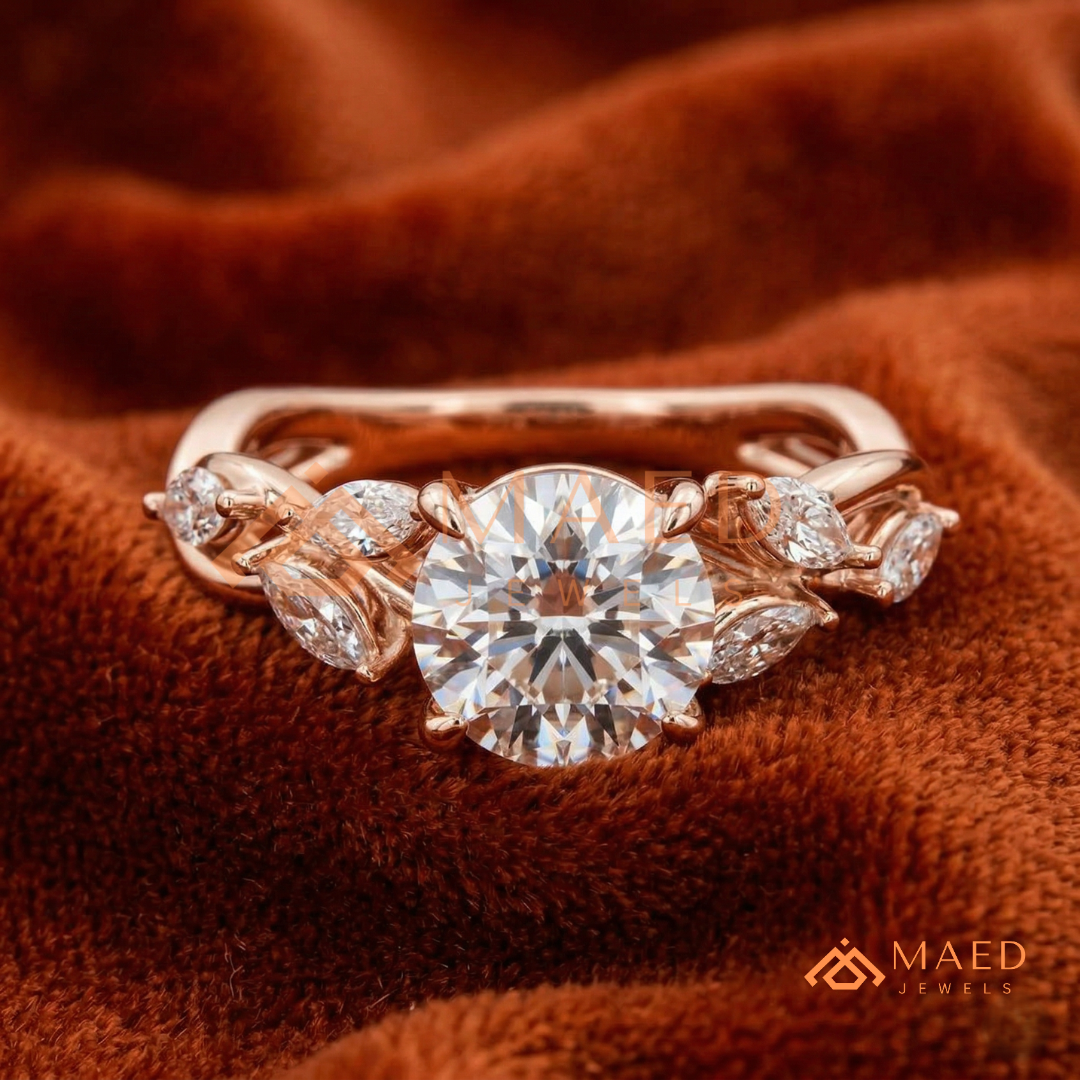Nature Inspired Round Cut Moissanite Engagement Ring, Marquise Diamond Vine Leaf Wedding Ring in Silver, 14K Gold & Rose Gold