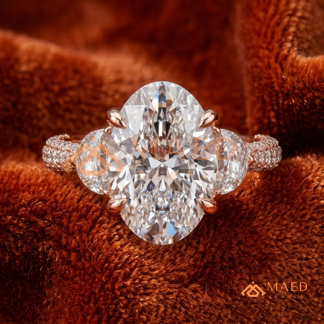 Oval Cut Engagement Ring with Half Moon Side Stones and Pavé Band in Silver, 14K Gold, & 14K Rose Gold