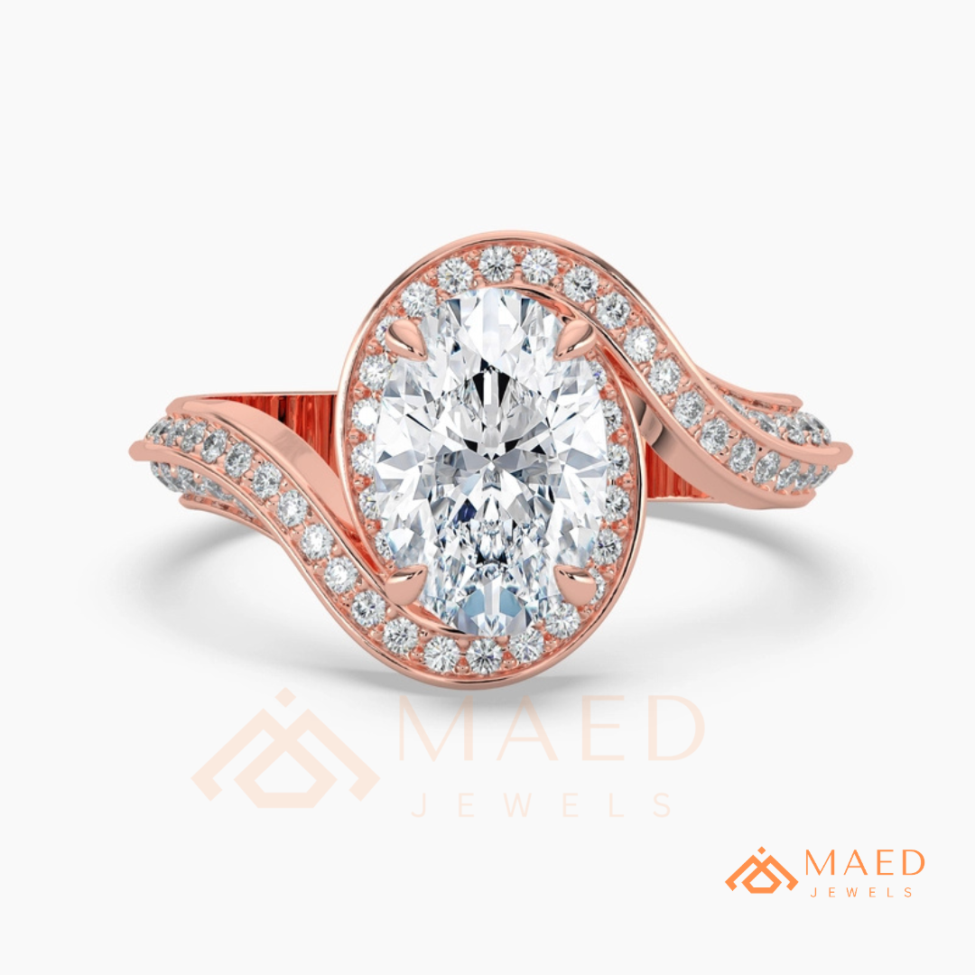 Oval Cut Bypass Halo Engagement Ring | Swirl Pavé Band in 14k Gold, Rose Gold & Silver