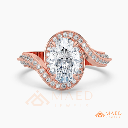 Oval Cut Bypass Halo Engagement Ring | Swirl Pavé Band in 14k Gold, Rose Gold & Silver