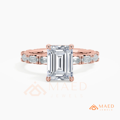 Classic Emerald Cut Solitaire Ring with Emerald Band Eternity Shank