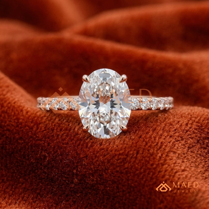 Oval Cut Moissanite Engagement Ring in 14K Gold, Rose Gold & Sterling Silver | Pave Diamond Simulant Wedding Band