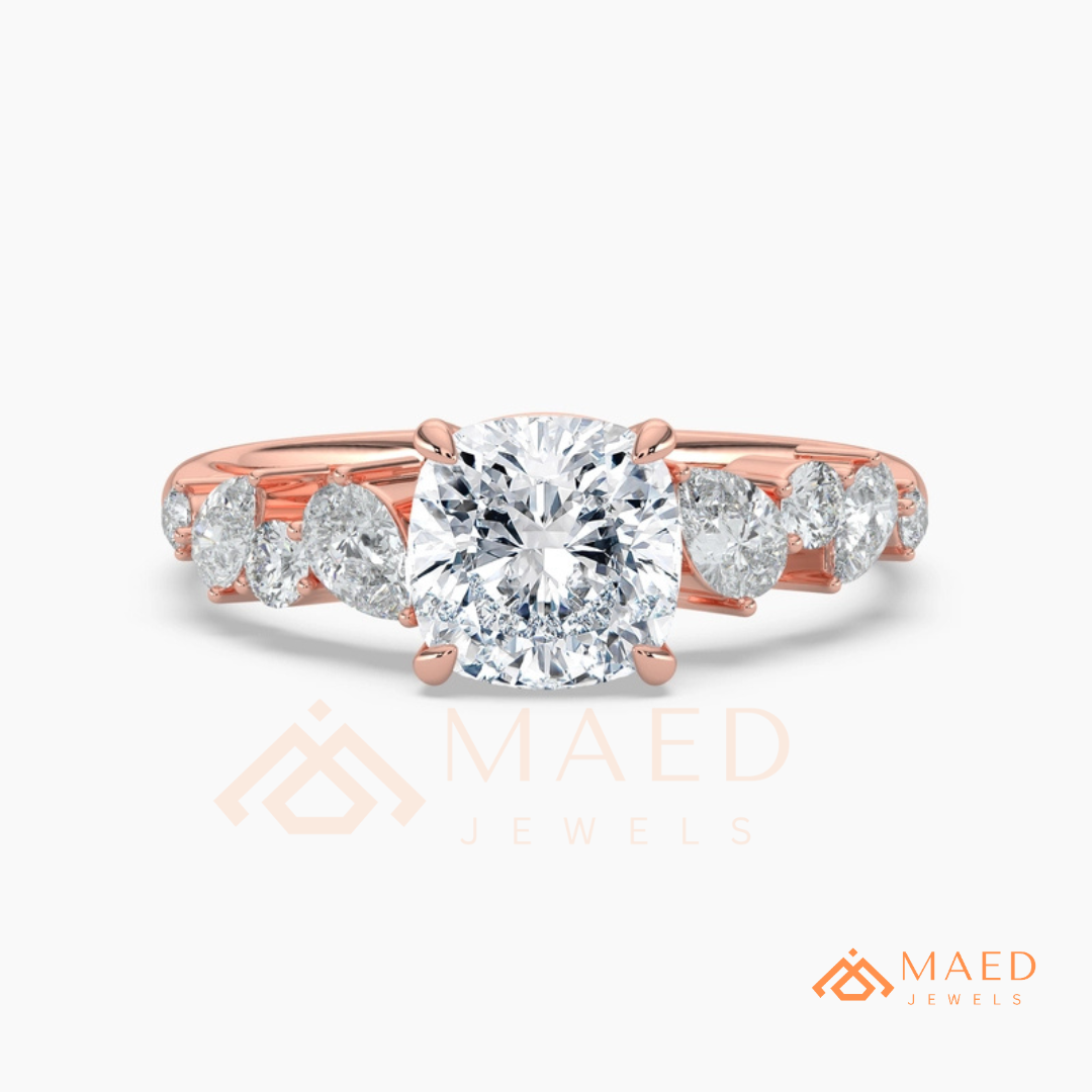 Cushion Cut Engagement Ring with Pear Accent Band in Silver, 14K Gold, & 14K Rose Gold
